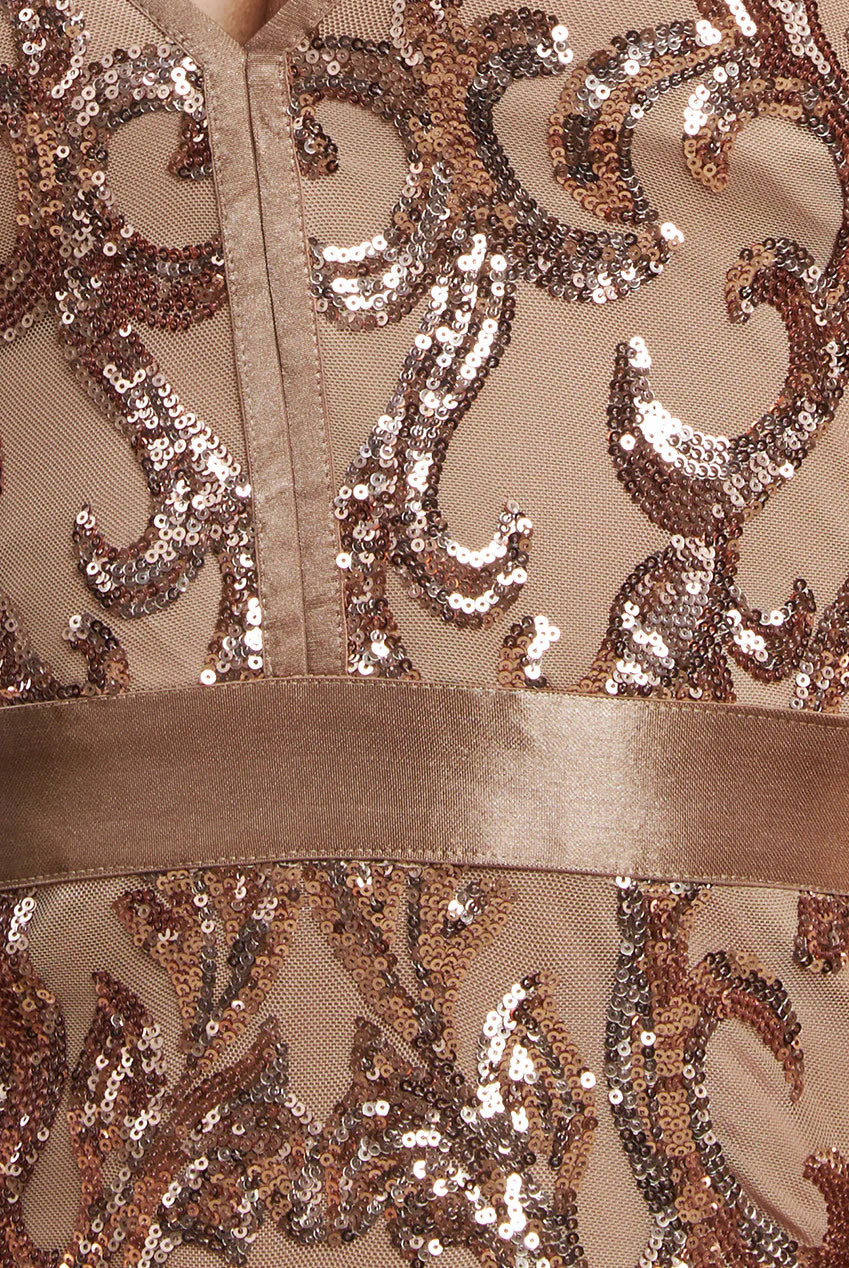 Alexis Champagne Gold Sequin & Mesh Long Sleeve Bodycon Midi Dress