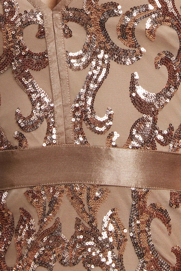 Alexis Champagne Gold Sequin & Mesh Long Sleeve Bodycon Midi Dress