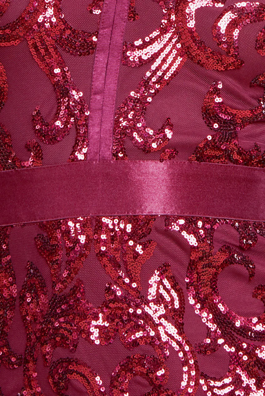 Alexis Burgundy Wine Sequin & Mesh Long Sleeve Bodycon Midi Dress