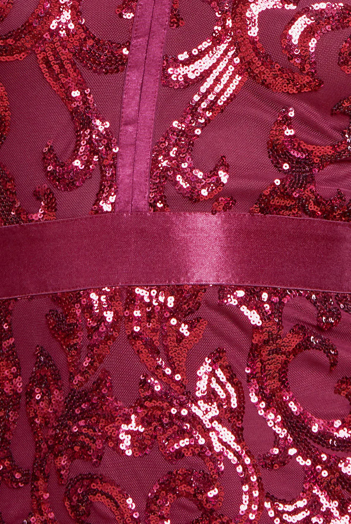 Alexis Burgundy Wine Sequin & Mesh Long Sleeve Bodycon Midi Dress