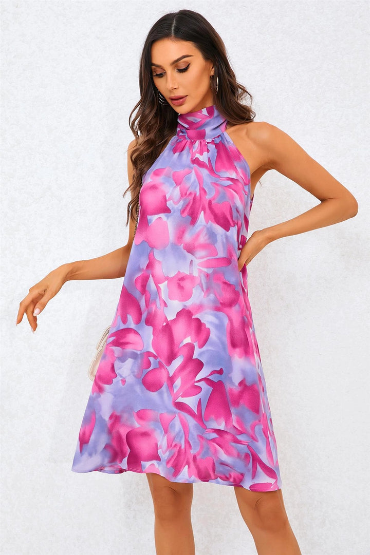 Gabriella Abstract Pink Floral Print Halter Neck Tie Back Mini Dress