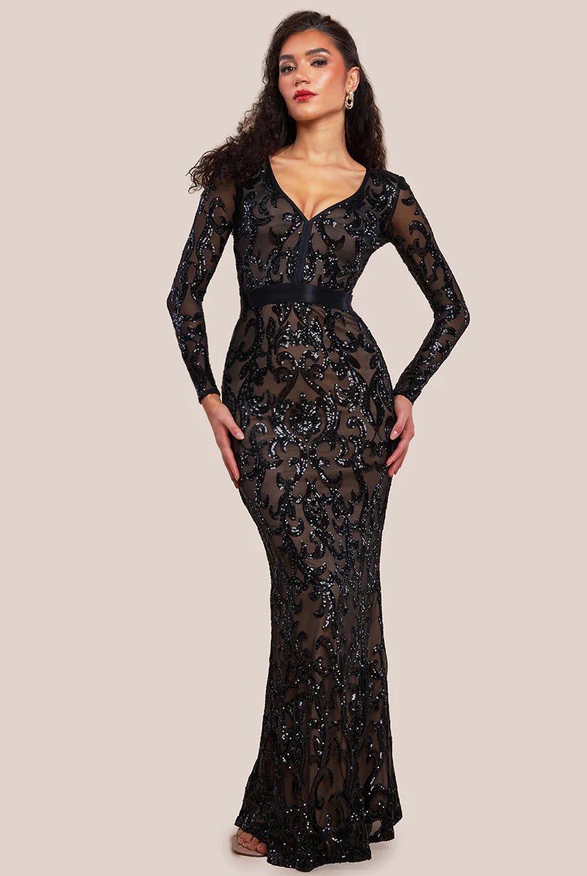 Anwen Black Sequin Long Sleeve Bodycon Maxi Dress