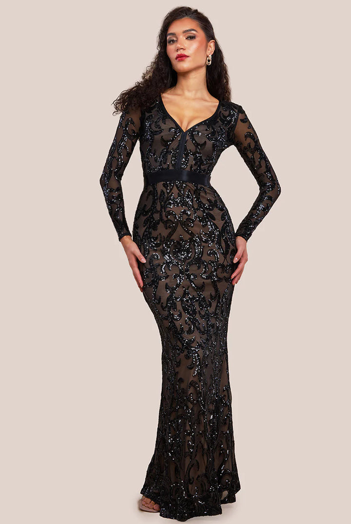 Anwen Black Sequin Long Sleeve Bodycon Maxi Dress