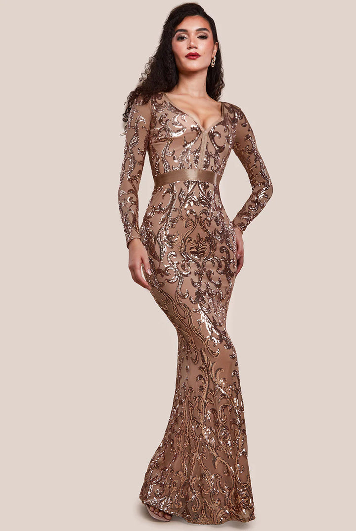 Anwen Champagne Gold Sequin Long Sleeve Bodycon Maxi Dress BY GODDIVA