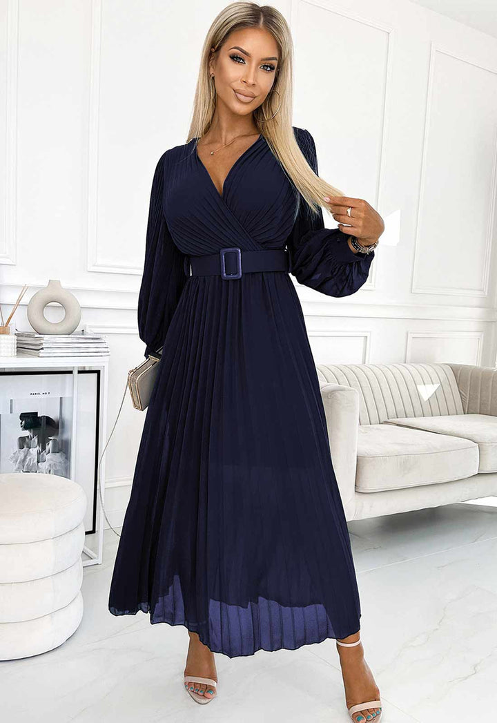 Lucile Navy Blue Chiffon Pleated Belted Long Sleeve Maxi Dress