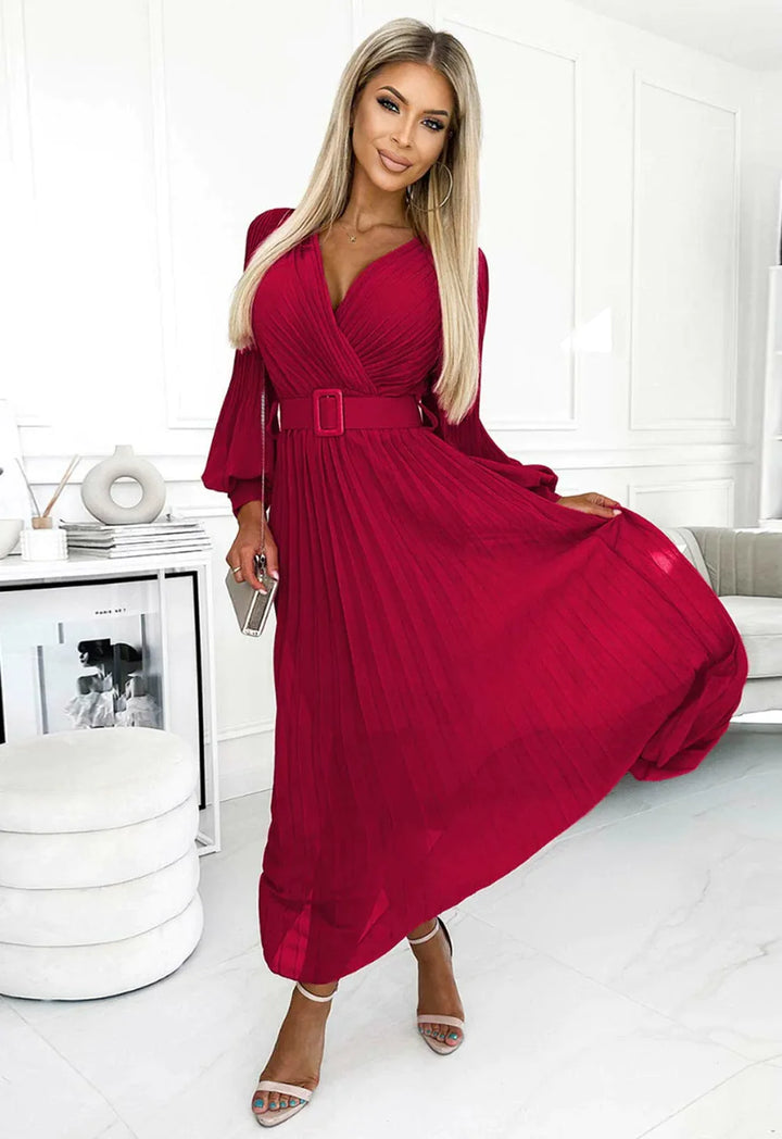Lucile Red Chiffon Plisse Pleated Belted Long Sleeve Maxi Dress