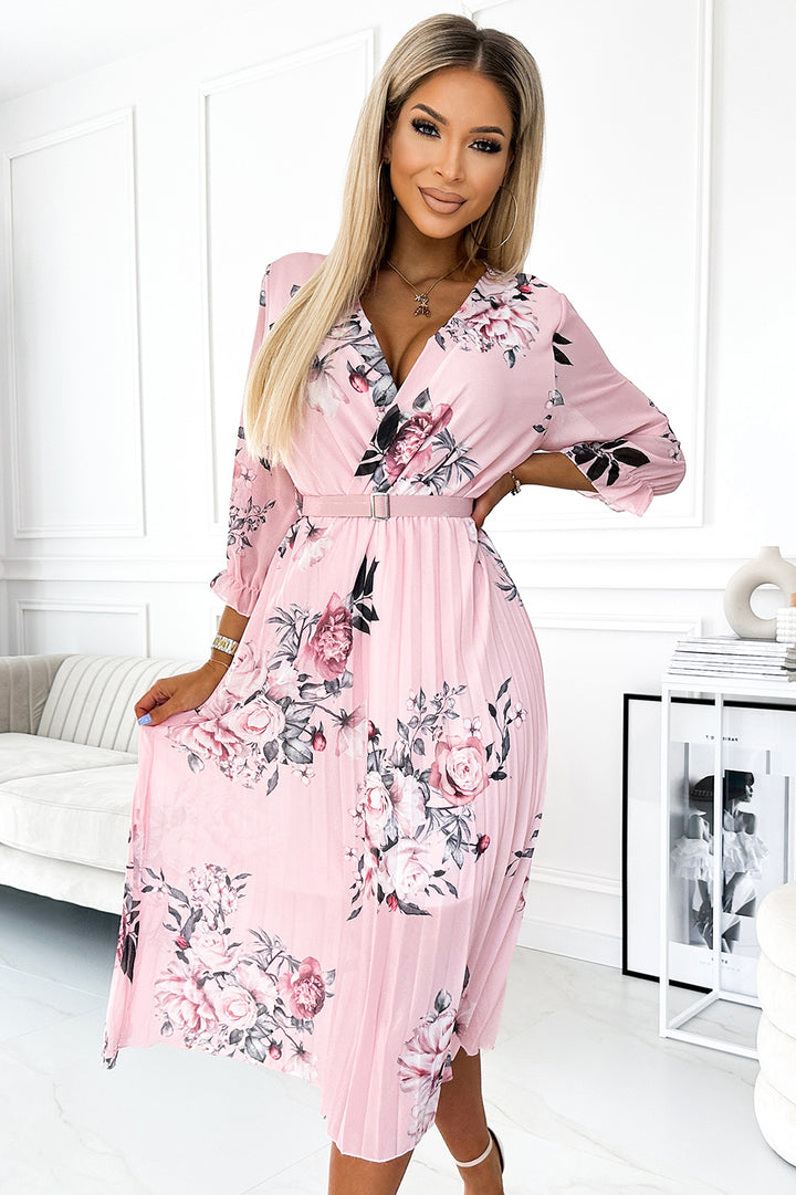 Anaya Baby Pink Floral Chiffon 3/4 Sleeve Pleated Belted Midaxi Dress - SEE BELT INFO