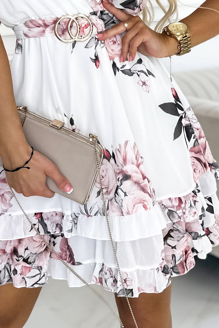 Annalise White Floral Gold Ring Belted Chiffon Tiered Mini Dress