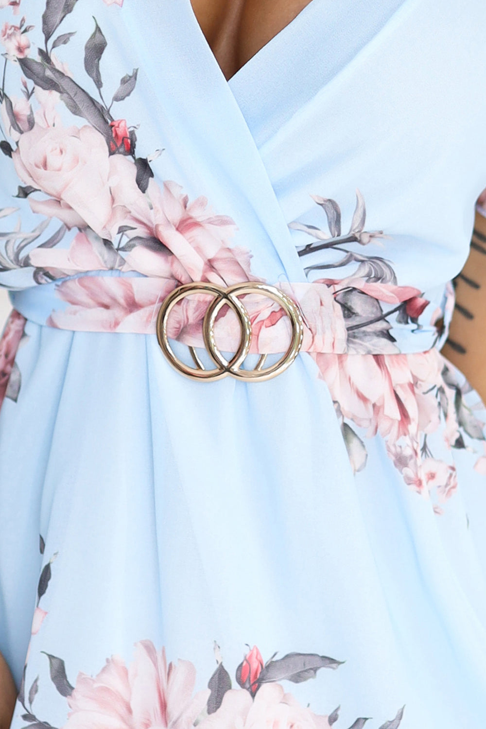 Annalise Blue Floral Gold Ring Belted Chiffon Tiered Mini Dress