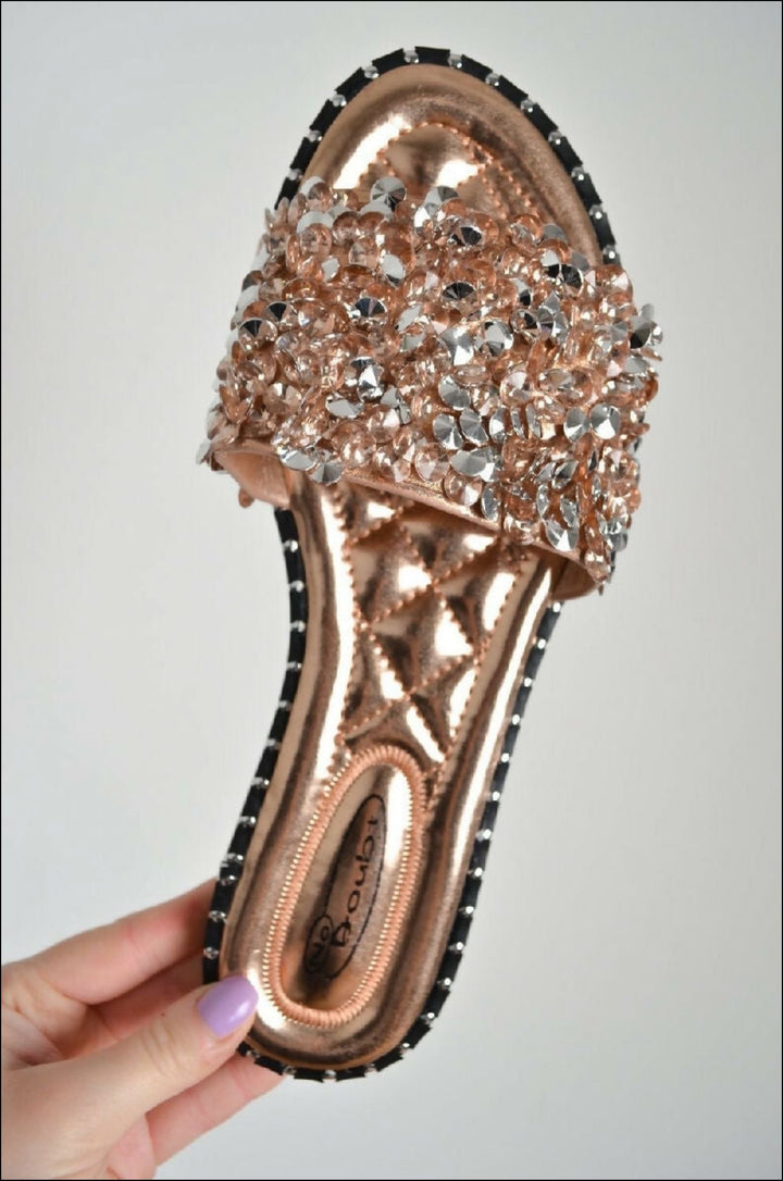 Belle Rose Gold Embellished Sparkly Flat slider Sandals
