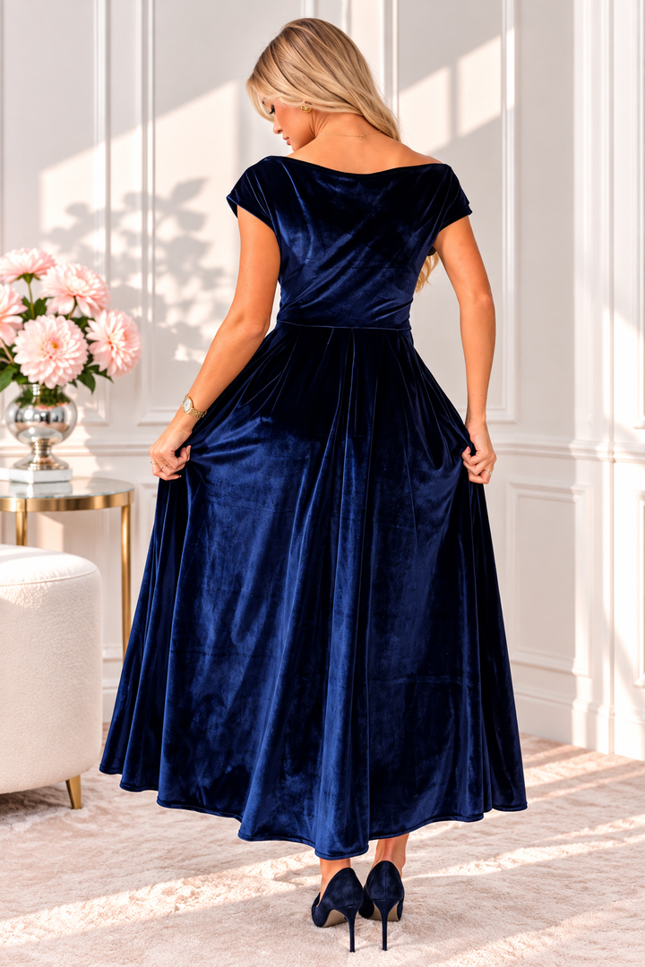 Betty Navy Velvet Asymmetric Neckline Skater Maxi Dress With Pockets