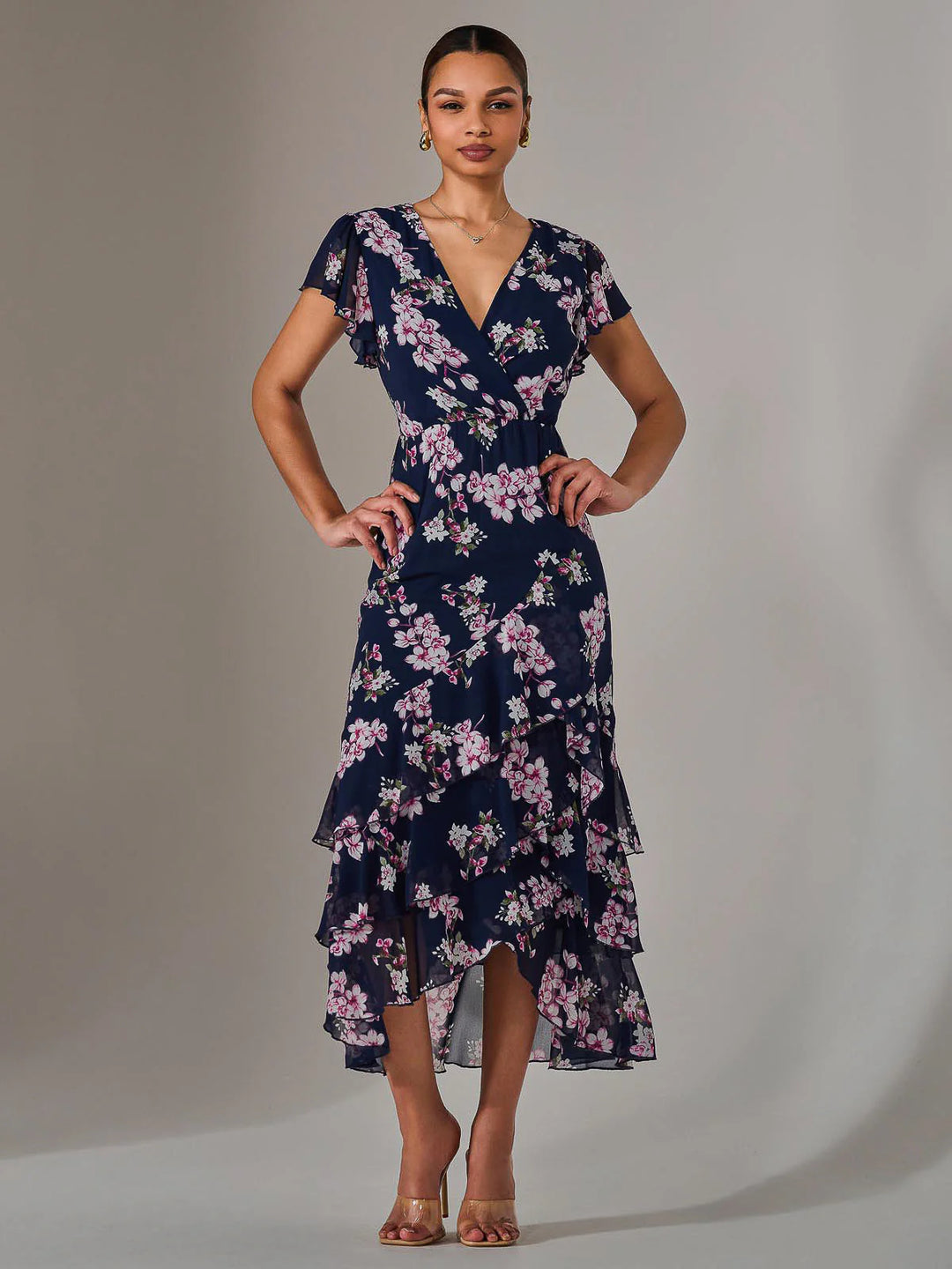 Janelle Navy Floral Belted Short Sleeve Ruffle Wrap Mesh Maxi Dress