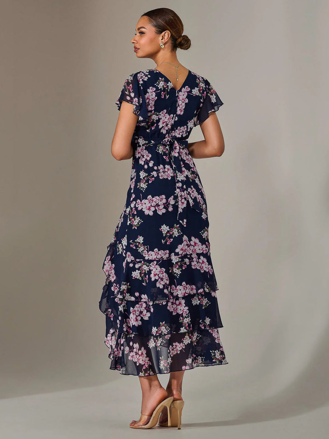 Janelle Navy Floral Belted Short Sleeve Ruffle Wrap Mesh Maxi Dress