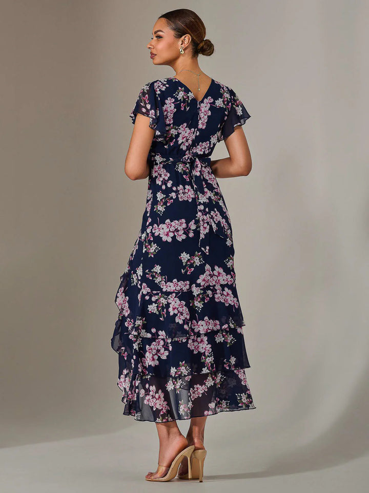 Janelle Navy Floral Belted Short Sleeve Ruffle Wrap Mesh Maxi Dress