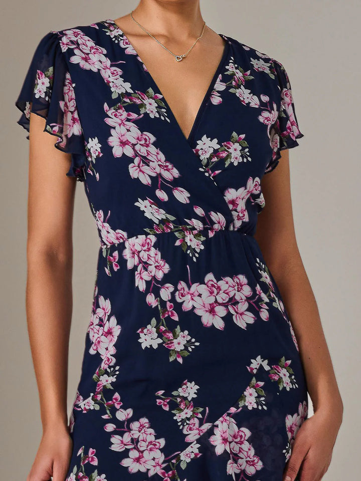 Janelle Navy Floral Belted Short Sleeve Ruffle Wrap Mesh Maxi Dress