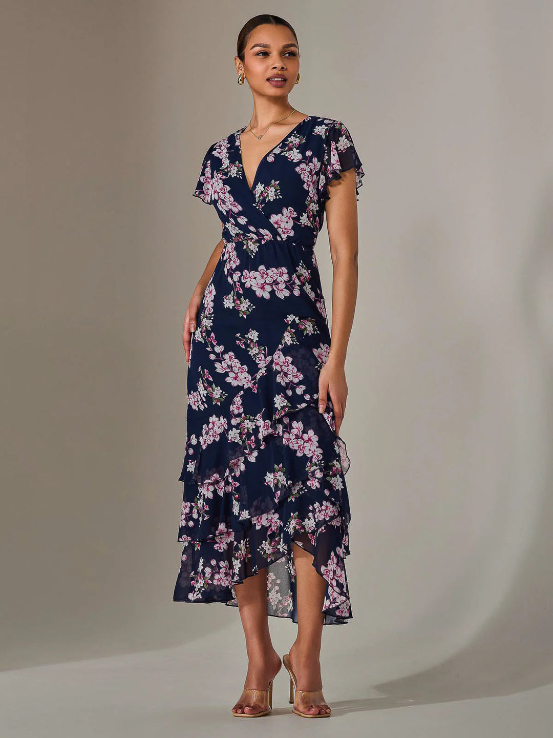 Janelle Navy Floral Belted Short Sleeve Ruffle Wrap Mesh Maxi Dress