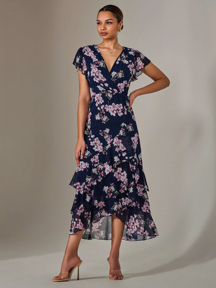 Janelle Navy Floral Belted Short Sleeve Ruffle Wrap Mesh Maxi Dress