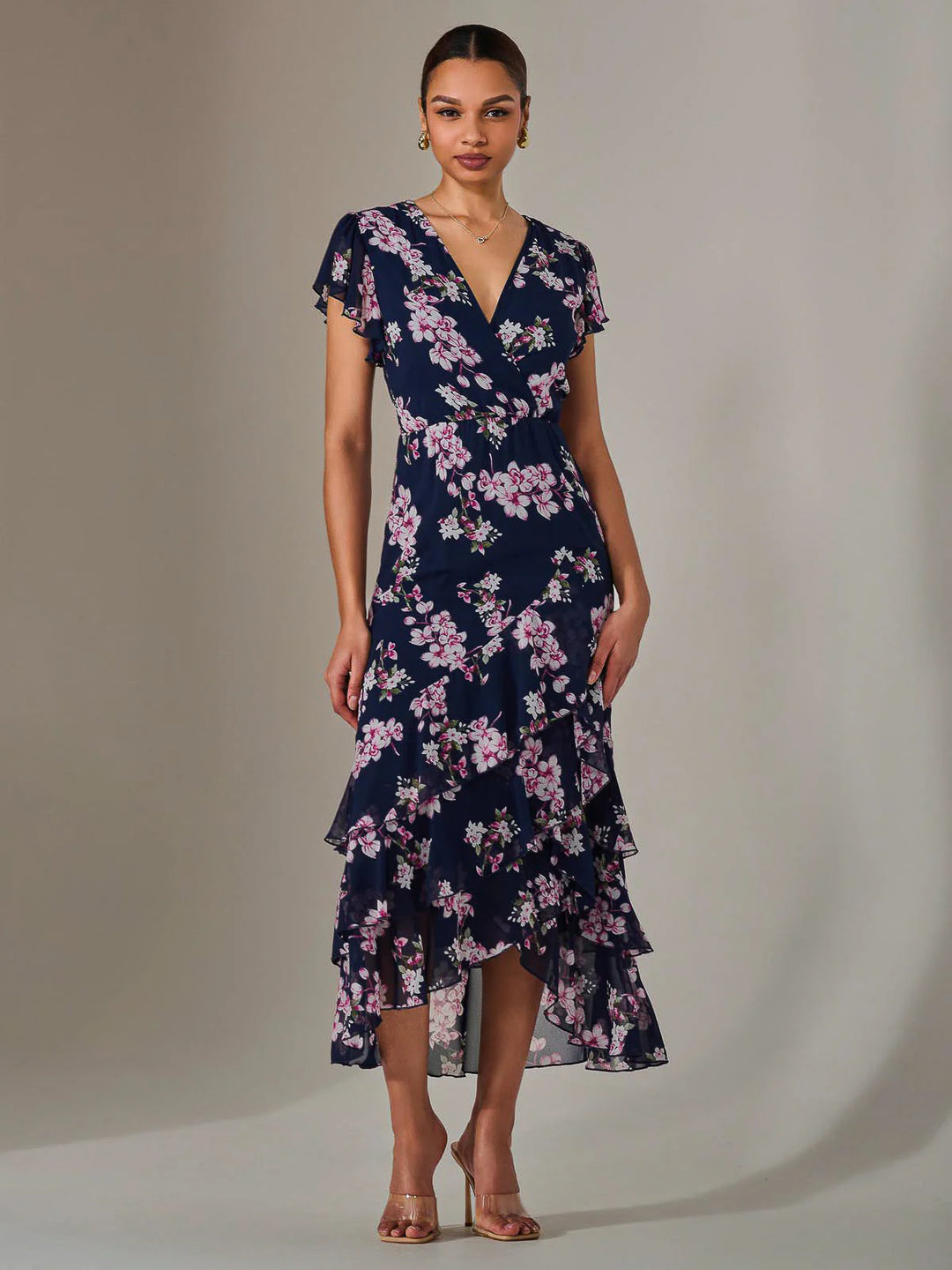 Janelle Navy Floral Belted Short Sleeve Ruffle Wrap Mesh Maxi Dress