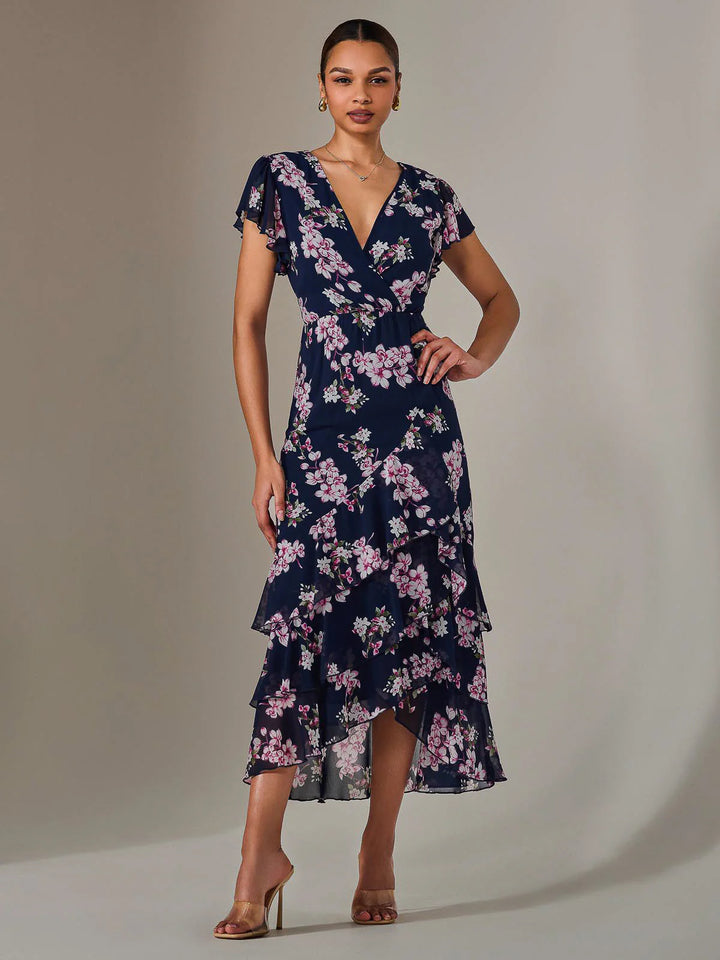 Janelle Navy Floral Belted Short Sleeve Ruffle Wrap Mesh Maxi Dress