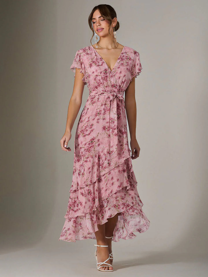 Janelle Pink Floral Belted Short Sleeve Ruffle Wrap Mesh Maxi Dress