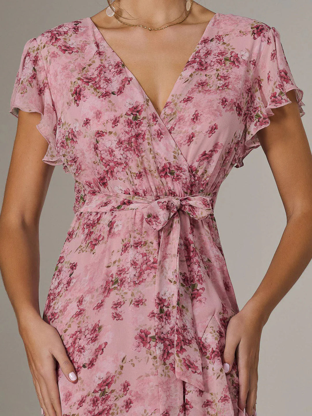 Janelle Pink Floral Belted Short Sleeve Ruffle Wrap Mesh Maxi Dress