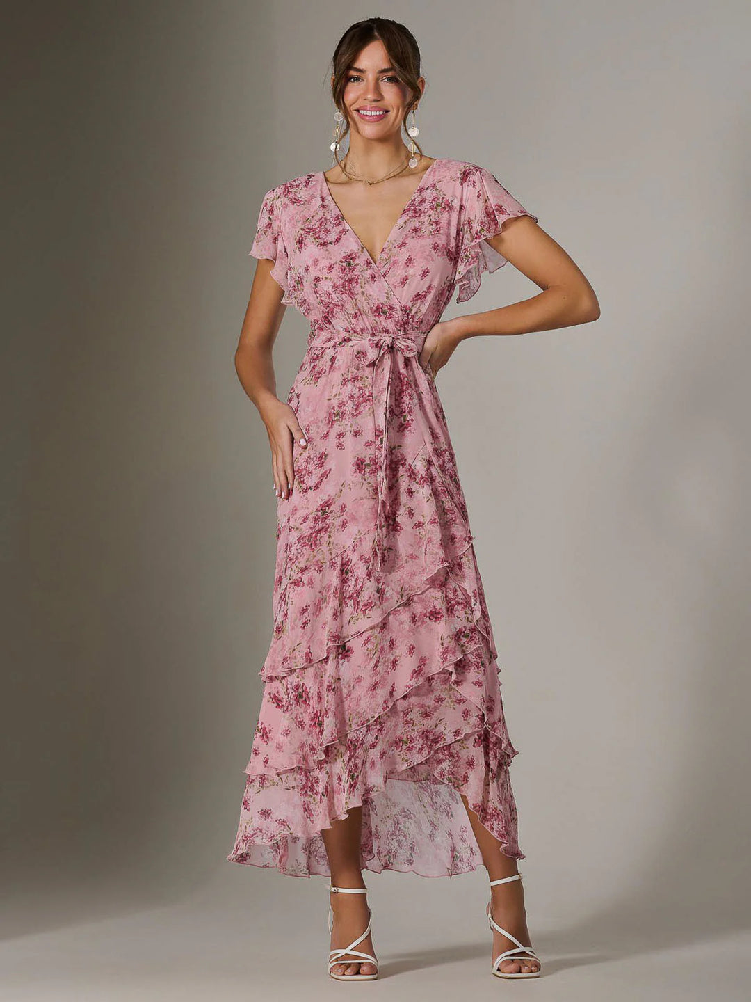 Janelle Pink Floral Belted Short Sleeve Ruffle Wrap Mesh Maxi Dress