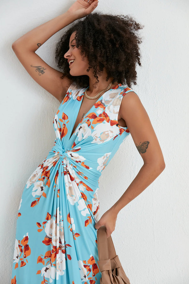 St Lucia Tall Blue Floral Sleeveless Twist Front Maxi Dress