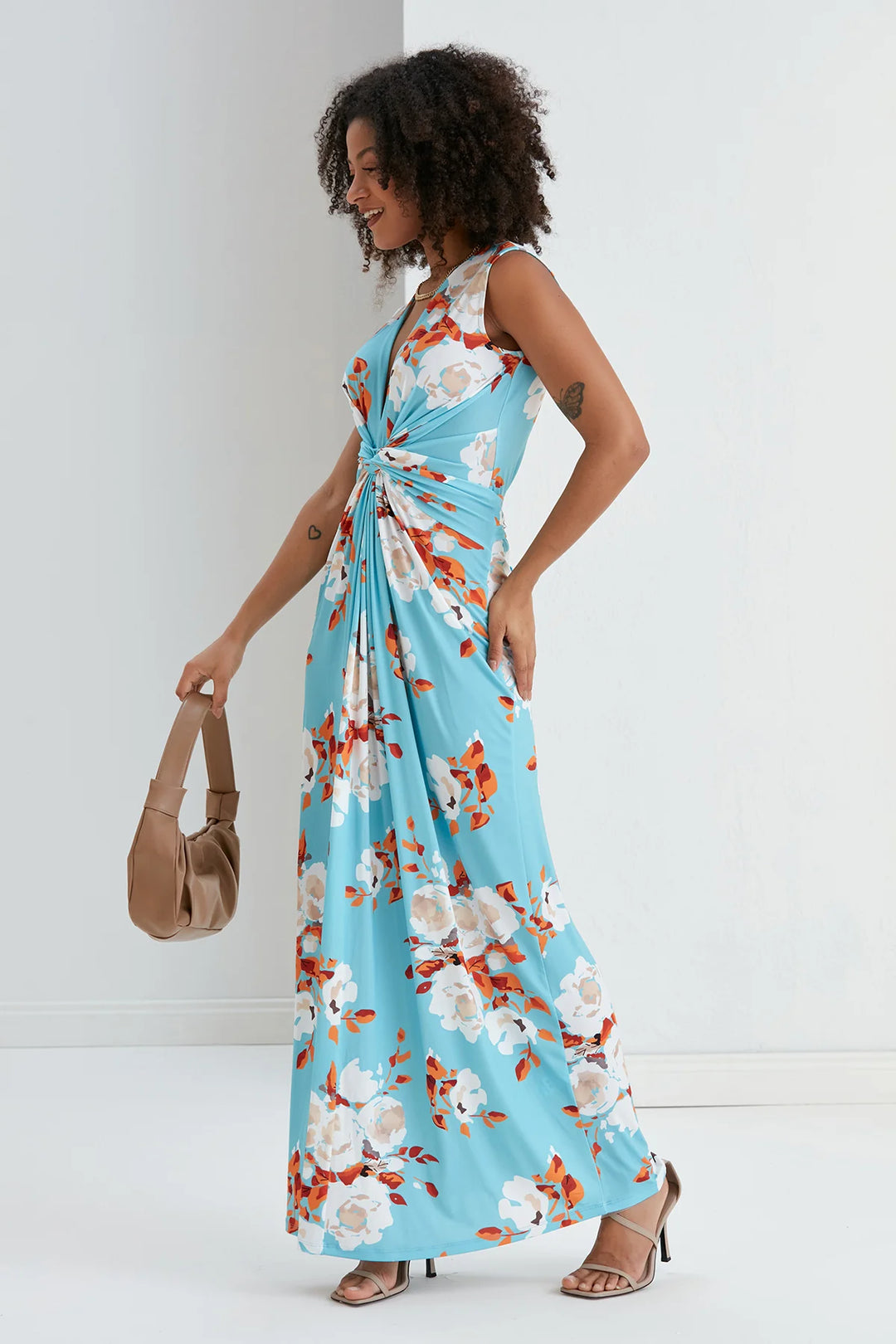 St Lucia Tall Blue Floral Sleeveless Twist Front Maxi Dress