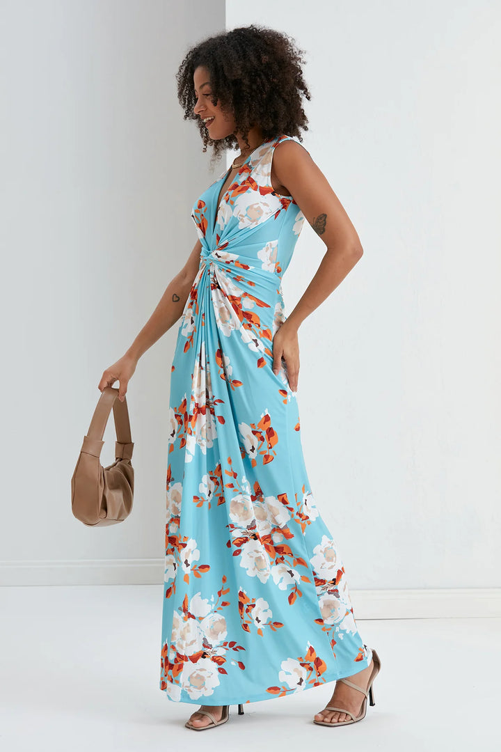 St Lucia Tall Blue Floral Sleeveless Twist Front Maxi Dress