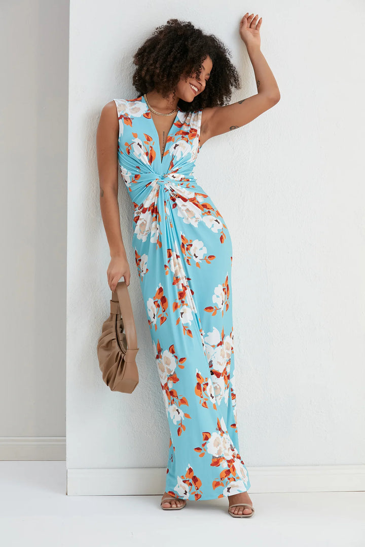 St Lucia Tall Blue Floral Sleeveless Twist Front Maxi Dress