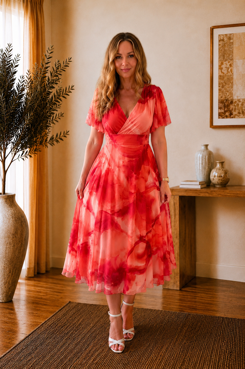 Isobel Coral Abstract Angel Sleeve Belted Mesh Maxi Dress - PETITE LENGTH (3 LENGTHS)