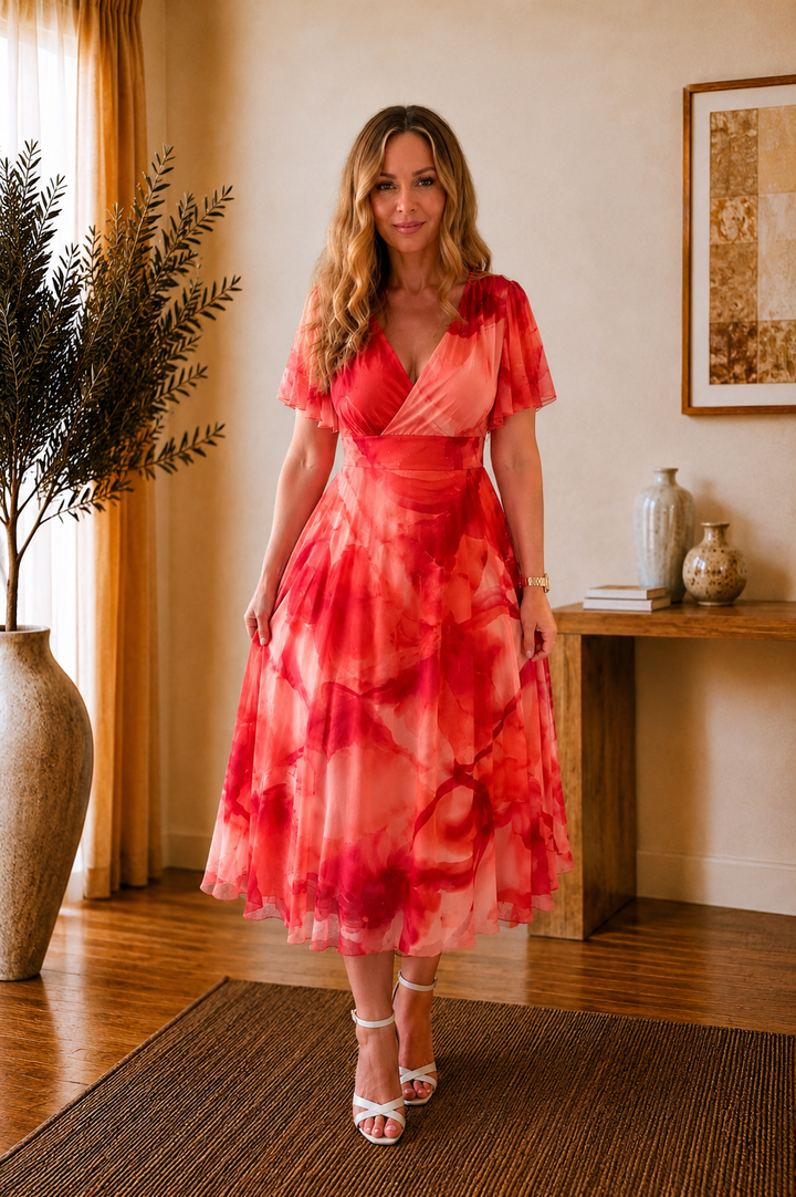Isobel Coral Abstract Angel Sleeve Belted Mesh Maxi Dress - PETITE LENGTH (3 LENGTHS)