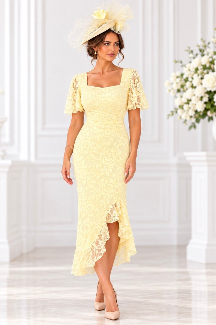Heidi Yellow Lace Ruched Short Sleeve Midi Dress