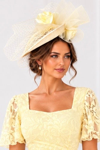 Celeste Lemon Sinamay Rose & Mesh Fascinator
