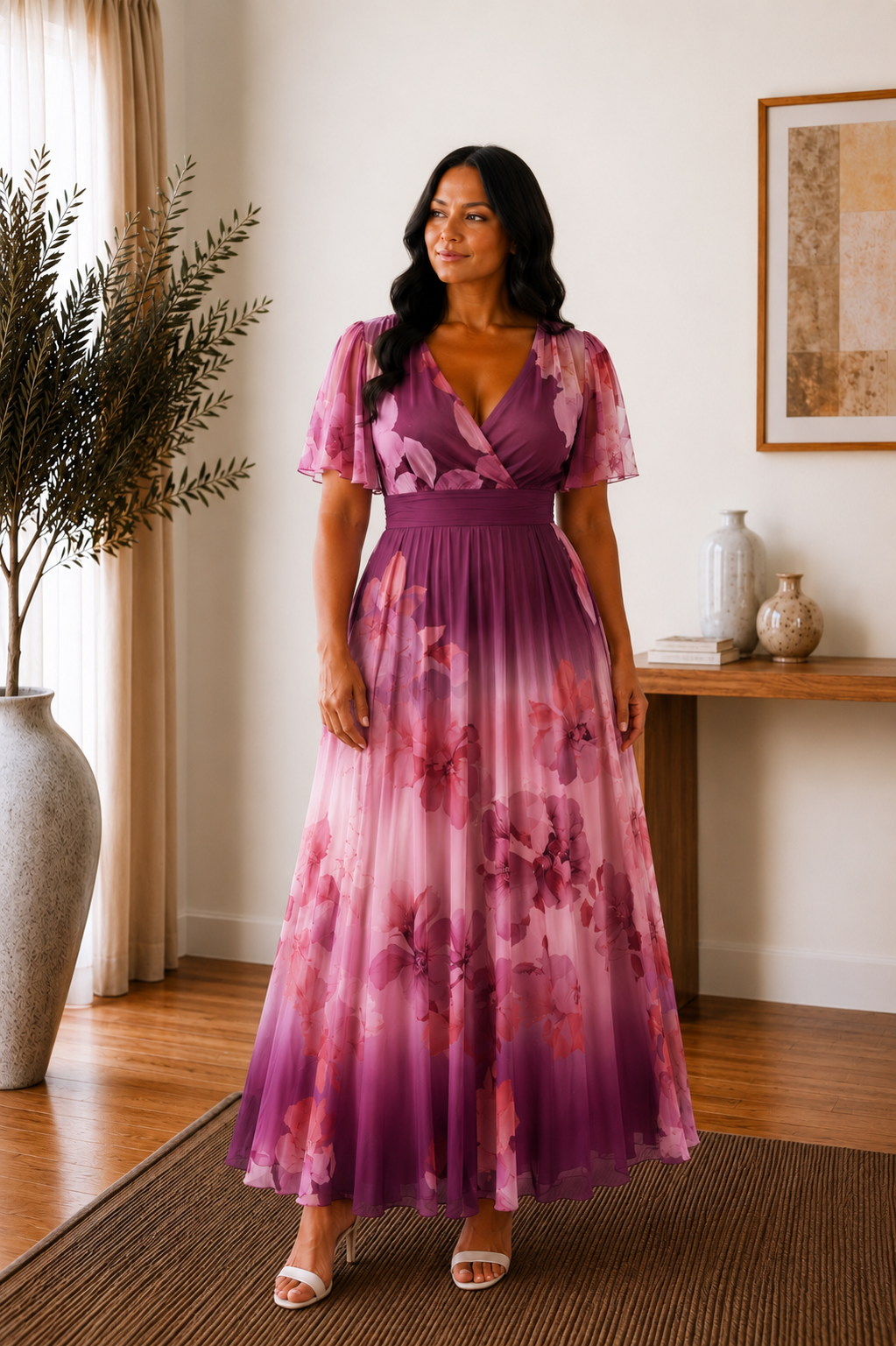 Isobel Plum Floral Angel Sleeve Belted Maxi Dress - REGULAR LENGTH (3 LENGTHS)