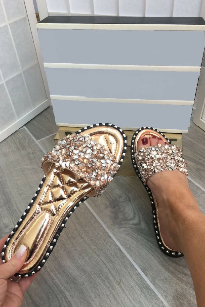 Belle Rose Gold Embellished Sparkly Flat slider Sandals