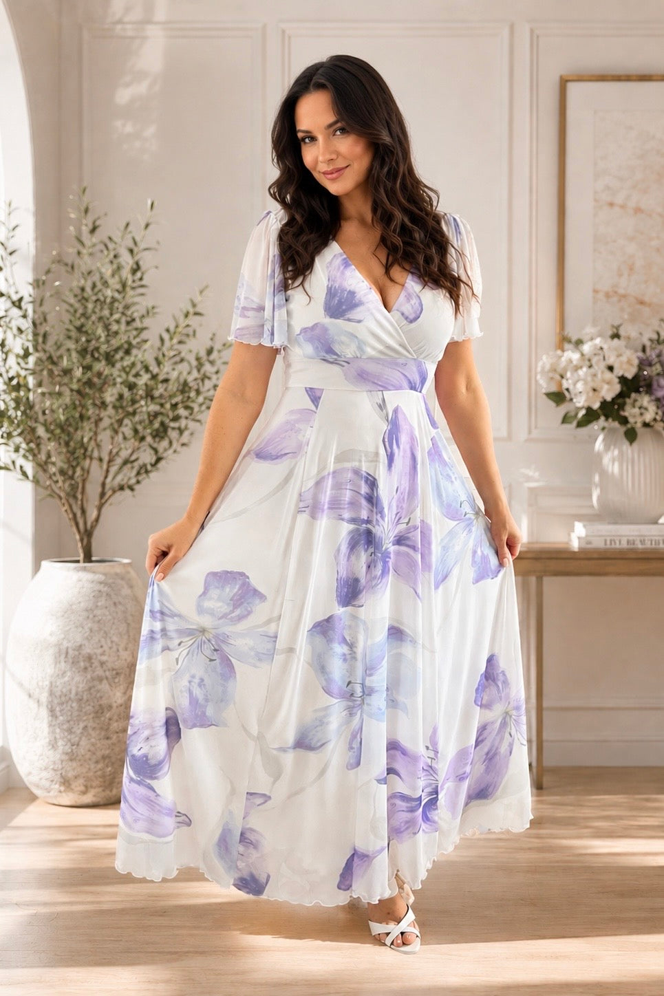 Isobel White & Lilac Floral Angel Sleeve Belted Mesh Maxi Dress - REGULAR LENGTH (3 LENGTHS)