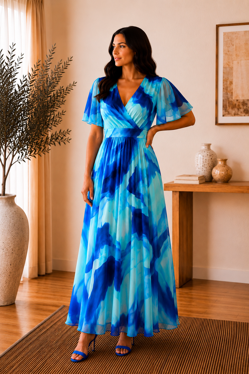Isobel Blue Abstract Angel Sleeve Belted Mesh Maxi Dress - REGULAR LENGTH (3 LENGTHS)