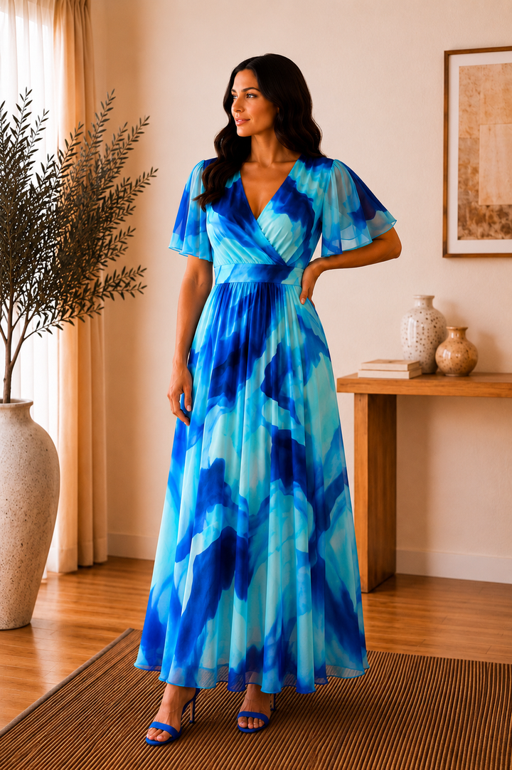 Isobel Blue Abstract Angel Sleeve Belted Mesh Maxi Dress - REGULAR LENGTH (3 LENGTHS)