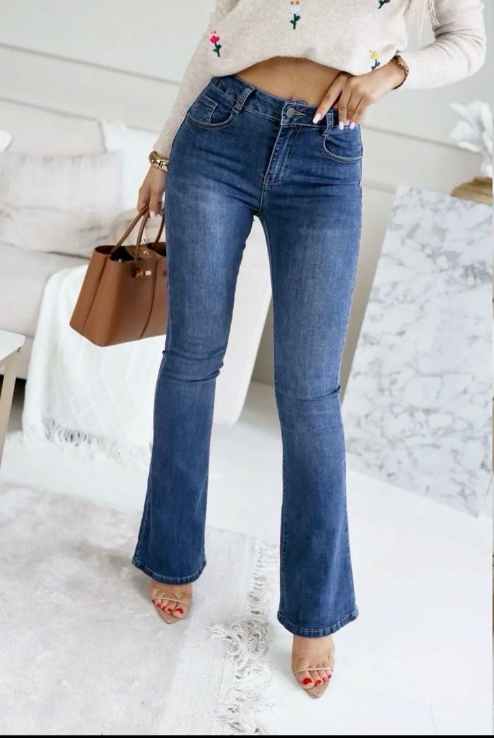 Katie Super Stretchy Blue Denim Fitted Flared Hem Push Up High Waist Jeans