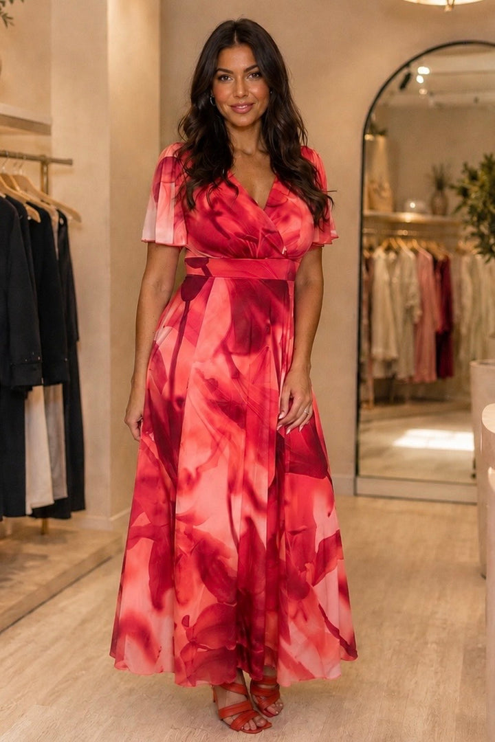 Isobel Coral Abstract Angel Sleeve Belted Mesh Maxi Dress - REGULAR LENGTH (3 LENGTHS)