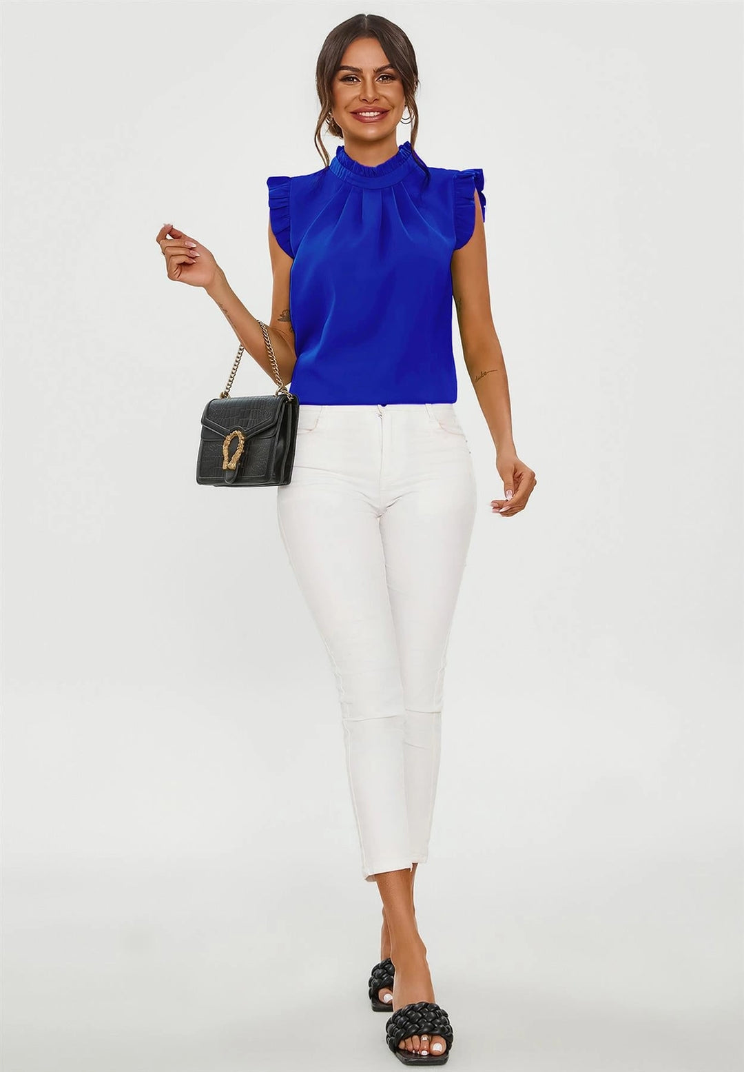 Clara Cobalt Blue Frill Trim Sleeve High Neck Blouse Top