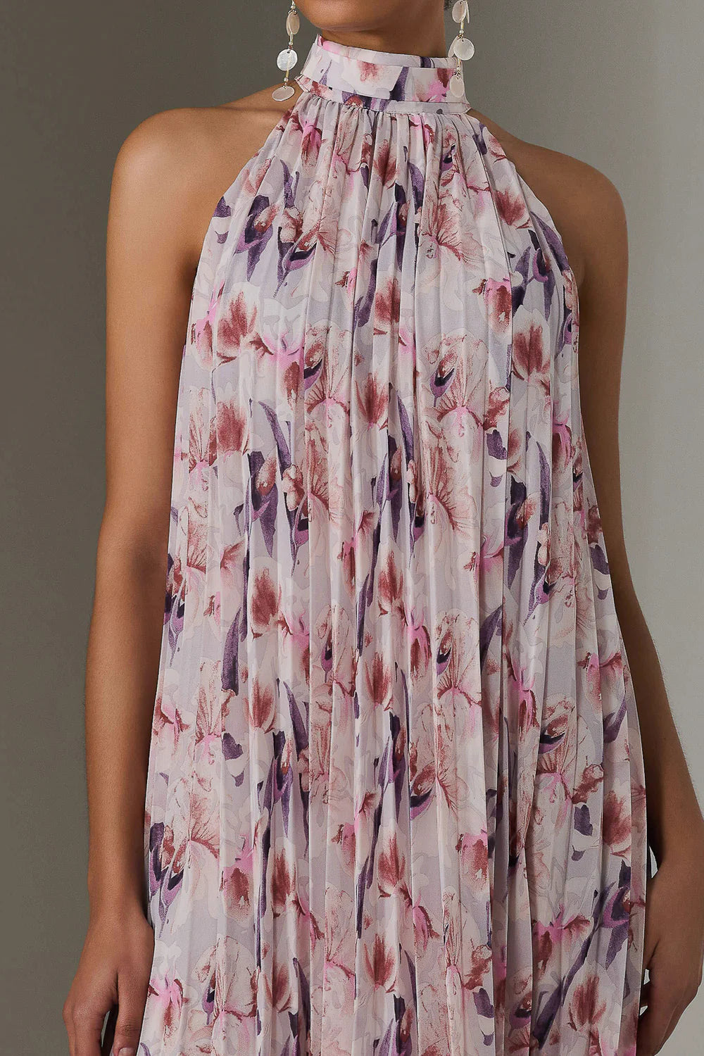 Lulu Purple Floral Pleated Halter Neck Midi Dress