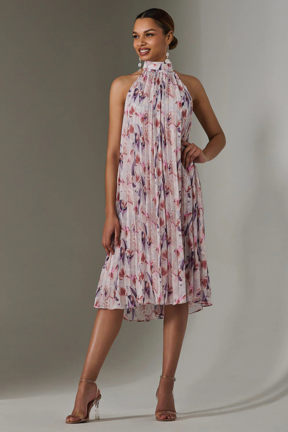 Lulu Purple Floral Pleated Halter Neck Midi Dress