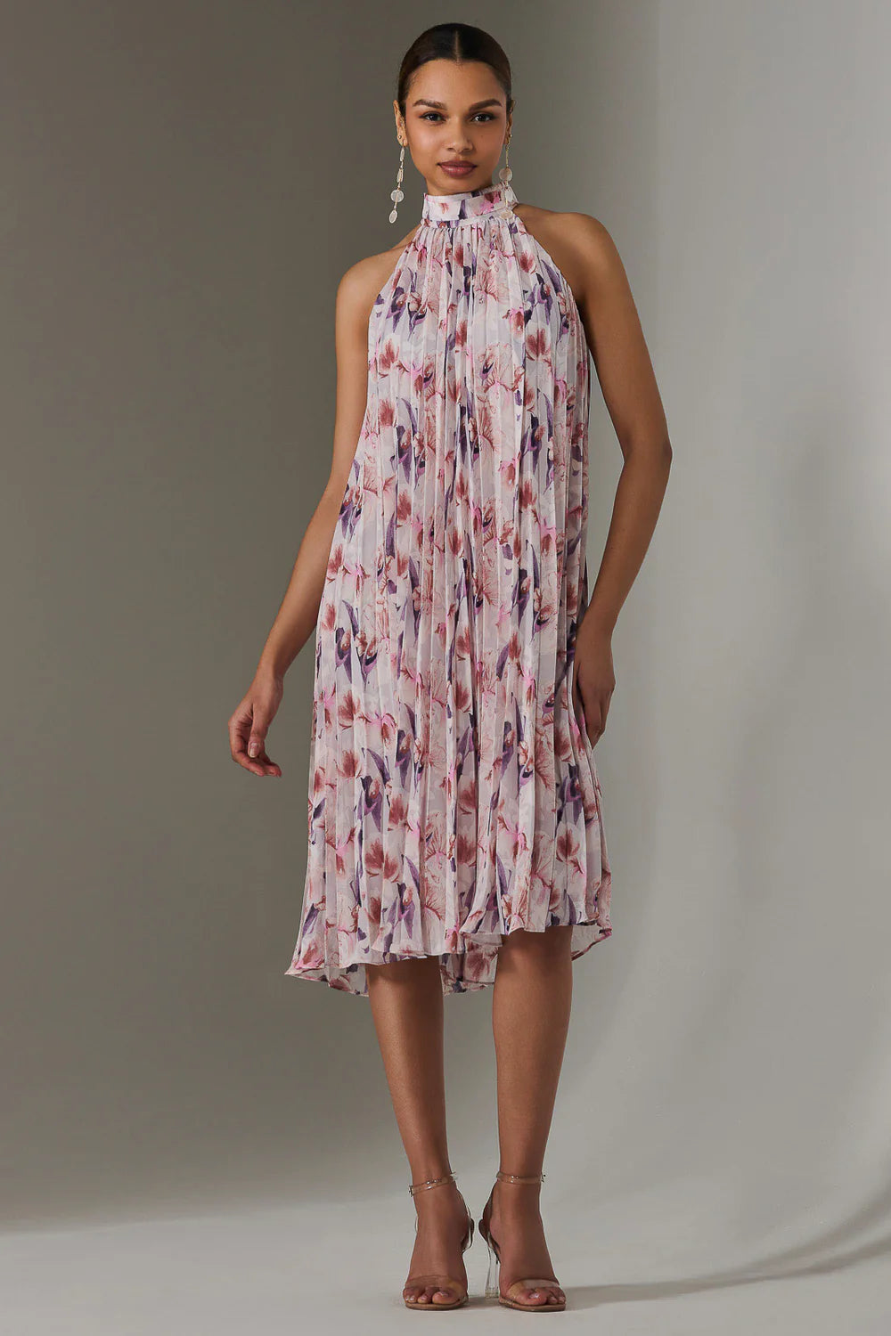 Lulu Purple Floral Pleated Halter Neck Midi Dress