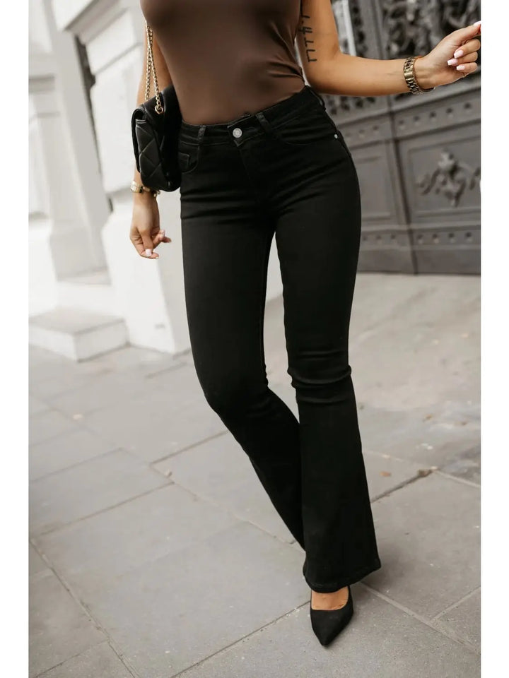 Katie Super Stretchy Black Denim Fitted Flared Hem Push Up High Waist Jeans