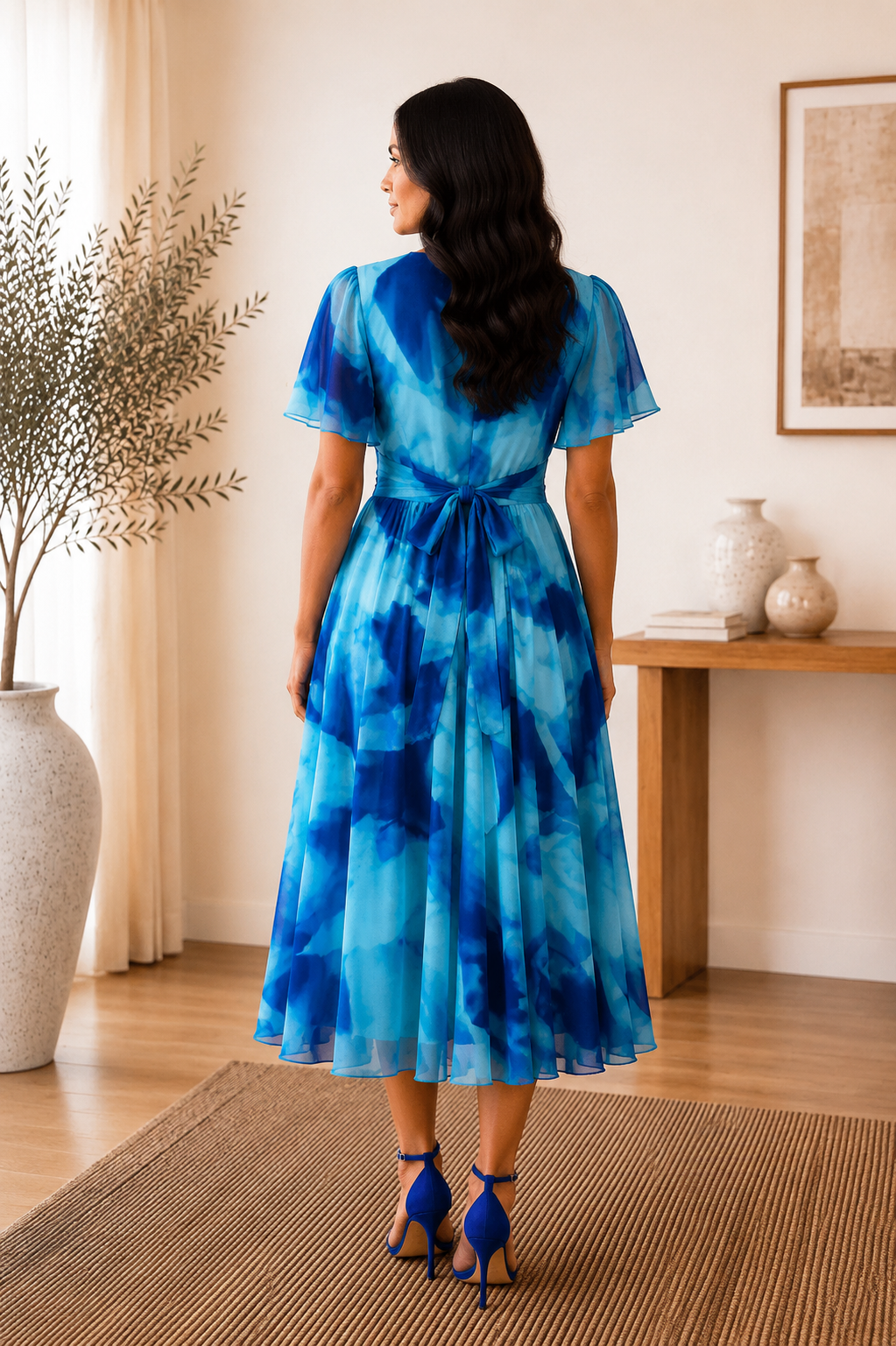 Isobel Blue Abstract Angel Sleeve Belted Mesh Maxi Dress - PETITE LENGTH (3 LENGTHS)