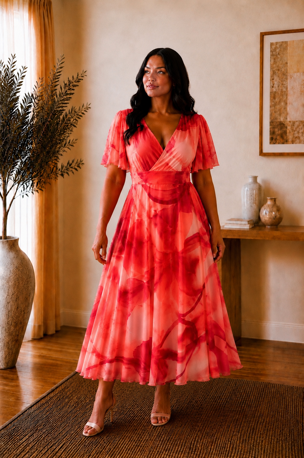 Isobel Coral Abstract Angel Sleeve Belted Mesh Maxi Dress - PETITE LENGTH (3 LENGTHS)