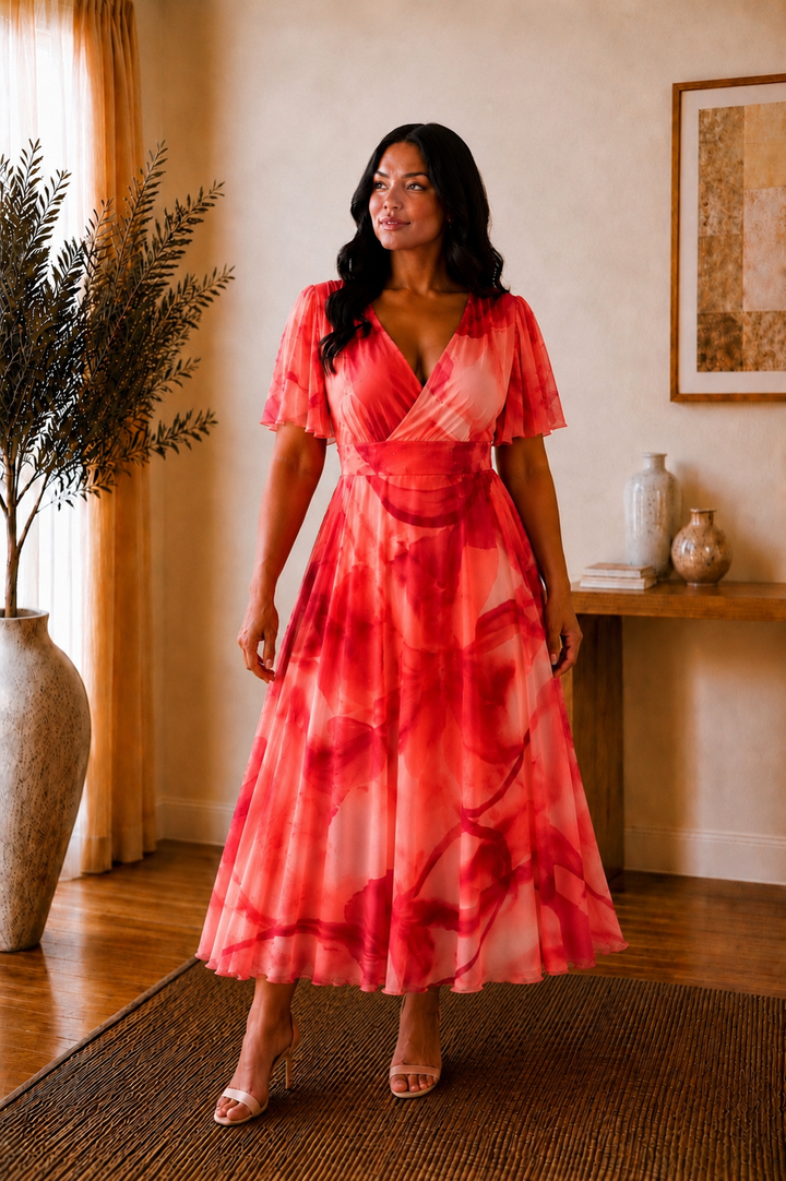 Isobel Coral Abstract Angel Sleeve Belted Mesh Maxi Dress - PETITE LENGTH (3 LENGTHS)