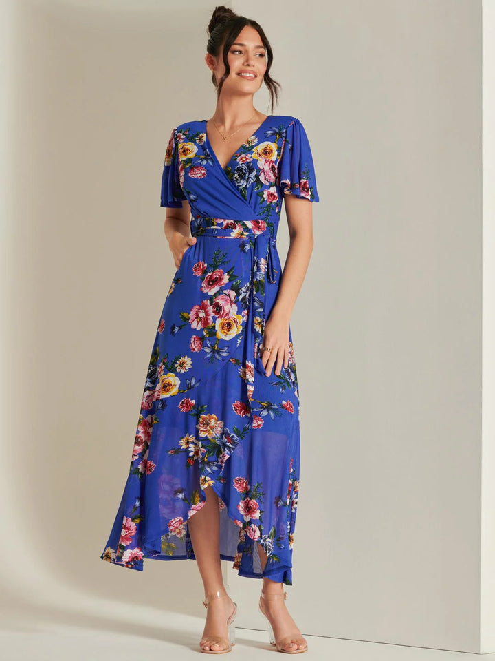 Ada Cobalt Blue Floral Dip Hem Belted Short Sleeve Mesh Maxi Dress